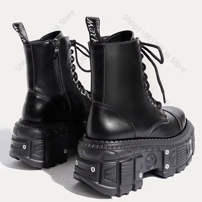 Bottes punk en cuir de haute qualité avec plateforme, design personnalisable, lacets et talon carré pour femmes, idéales pour les occasions spéciales et les sorties nocturnes