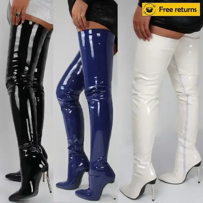 Cuir verni sur le genou bottes dames talons hauts nouvelle grande taille Sexy cuissardes Stiletto femmes