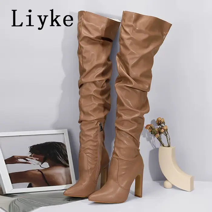 Liyke Design de mode en cuir plissé sur les bottes au genou Sexy bout pointu fermeture éclair blanc 
