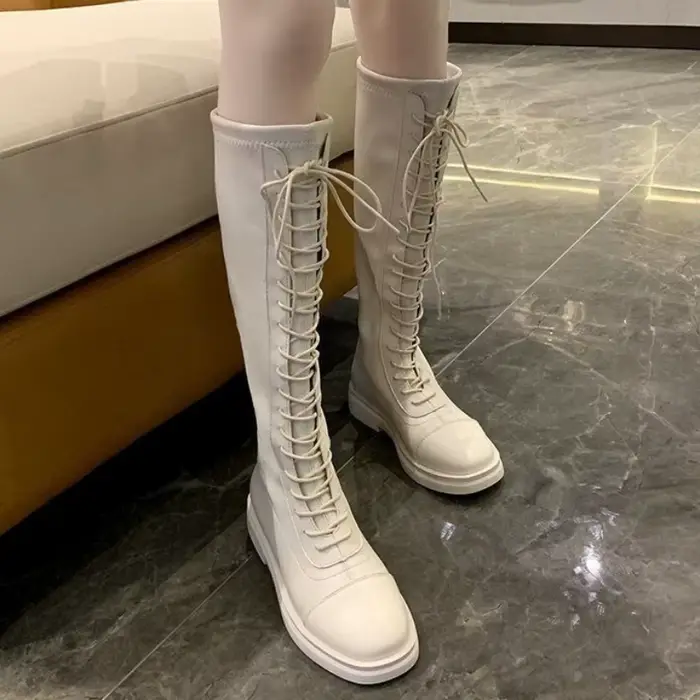 Bottes élégantes en cuir blanc pour femmes, bottes d'hiver à lacets avec talons bas et plateforme pour toutes les occasions spéciales