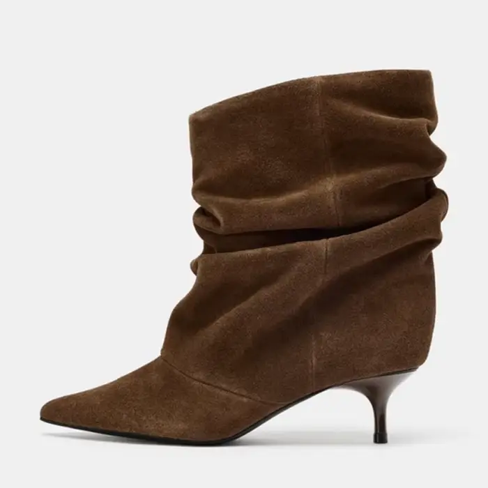 Liyke concepteur plissé sued bottines pour femmes hiver rue Vintage bout pointu mince talons bas cha
