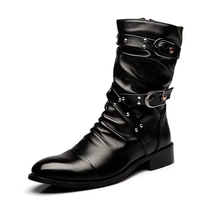 Bottes pour hommes à bout pointu, mi-mollet, noires, style punk rock, chaussures d'hiver, bottes de 