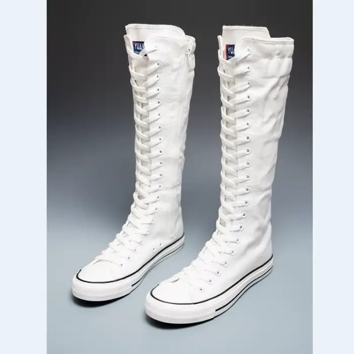 2025 nouvelles chaussures montantes en toile pour femmes édition coréenne botte longue à lacets fermeture éclair