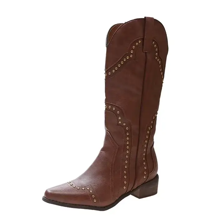 Bottes de cowboy en cuir à talons bas pour femmes, chaussures de luxe, gothique, rock, vintage, desi
