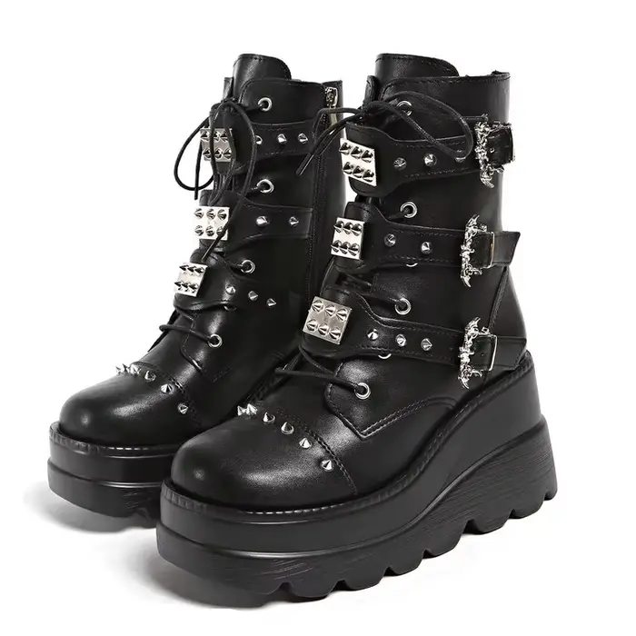 Bottes à plateforme compensées pour femmes, style Goth Punk, bottes de combat et de moto, à lacets, 