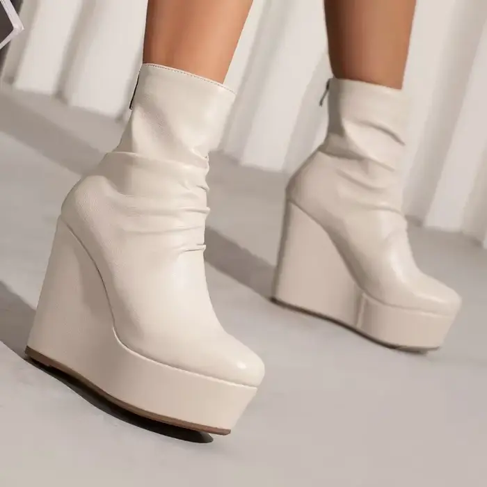 Femmes bottines taille 33 hiver automne conception plissée bout rond dames matures bureau plate-forme compensées talons hauts Chelsea bottes