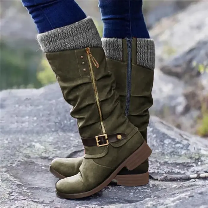 Vintage femmes bottes bout rond décontracté genou