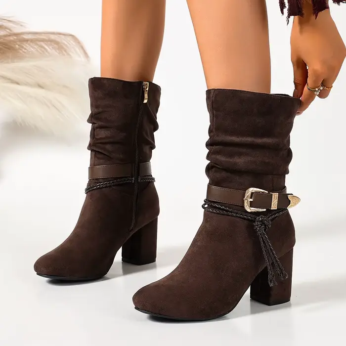 Bottes mi-mollet pour femme en cuir marron foncé avec talons hauts épais