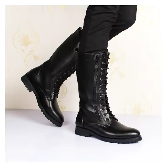 Hommes de luxe mode bottes en cuir véritable noir automne hiver chaussures à lacets botte haute punk
