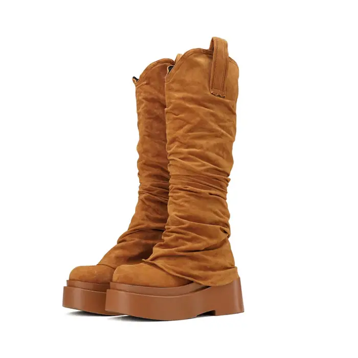 Genou bottes hautes femmes concepteur automne hiver mode plissé bout rond semelle épaisse talons hauts marron longue