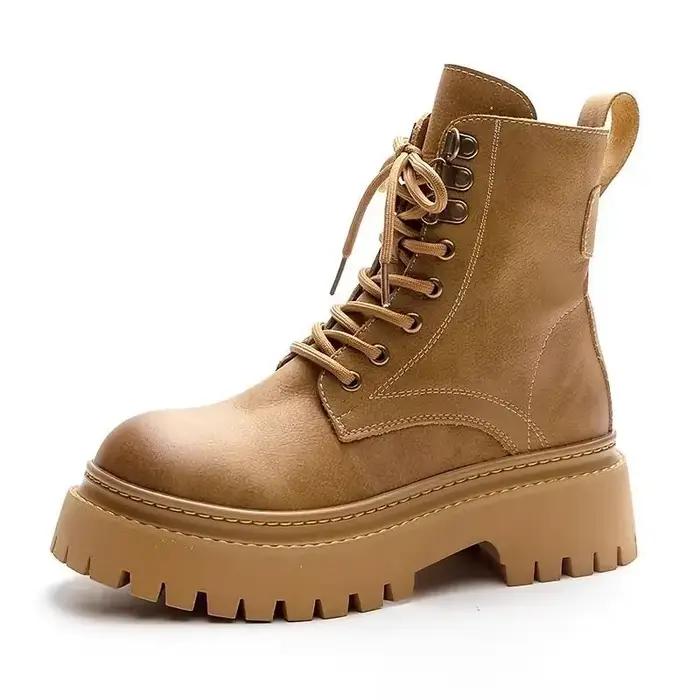 Bottines de motard épaisses à plateforme pour femmes, chaussures courtes en cuir à bout rond, bottin
