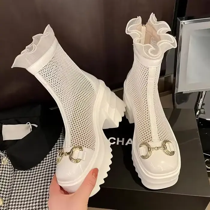 Bottes à plateforme respirantes pour femmes, lacets, semelle optique à lacets, fermeture à glissière