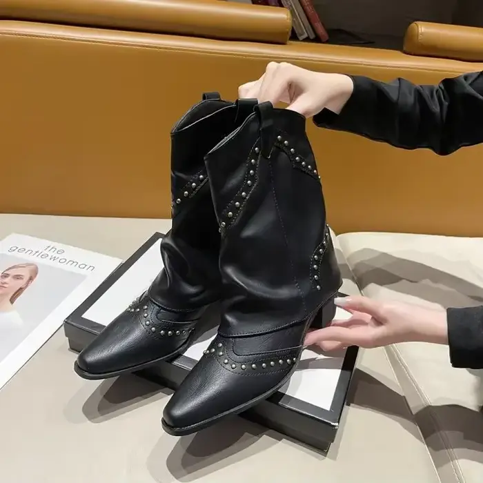 Bottes de cowboy western rétro pour femmes, mi-mollet, talons hauts, bottes de pantalon, femme, Park