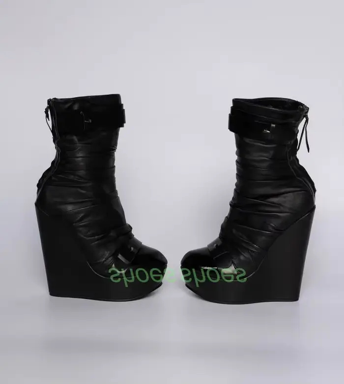 Lady noir Pu compensées talon plate-forme bottes de mollet fermeture éclair noir automne chaussures 