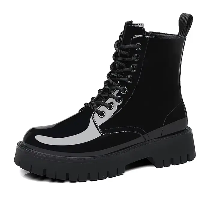 Hommes bottes en cuir verni chaussures fête discothèque robe cowboy haute cheminée botte plate-forme