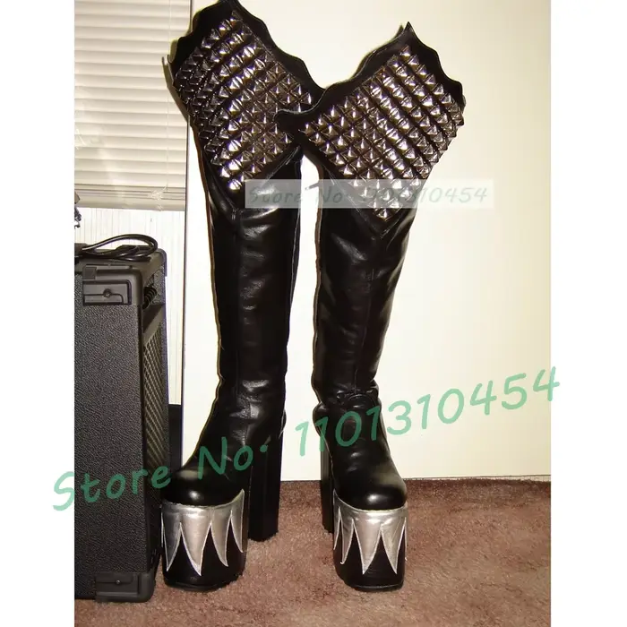 Bottes de démon noires à plateforme haute et talon carré pour homme et femme style britannique pour cosplay et occasions spéciales hivernales