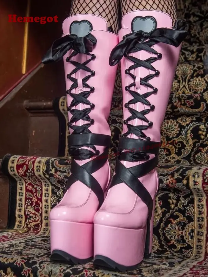 Bottes gothiques à plateforme à bretelles roses, bottes hautes à lacets croisées pour femmes, talons