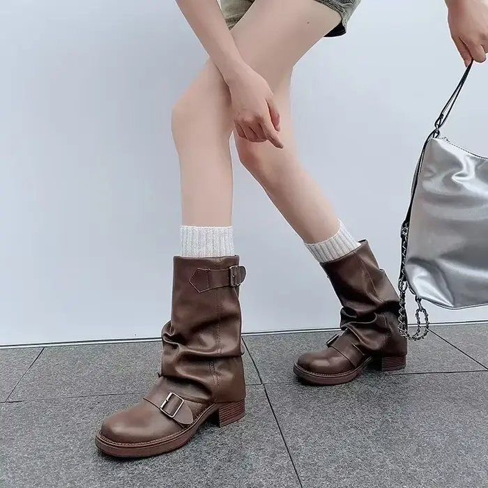 Bottes de chevalier à boucle plissée pour femmes, bottes d'automne en cuir PU marron, mi-mollet, à e