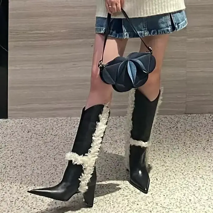 Bottes mi-mollet pointues à talon étrange en microfibre pour femmes, style rétro, couleurs mixtes, idéales pour les sorties nocturnes et les occasions spéciales