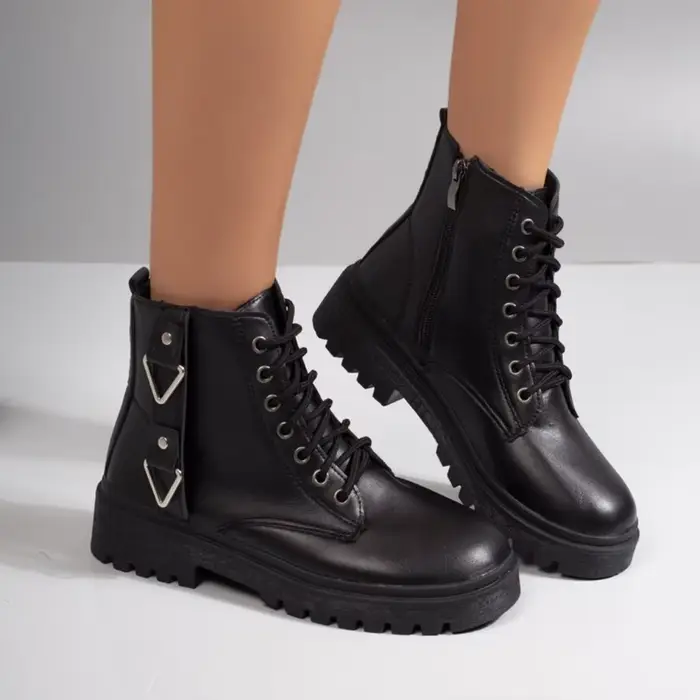 Bottes de combat noires à plateforme pour femmes, bottines en cuir PU avec sangle à boucle, antidéra