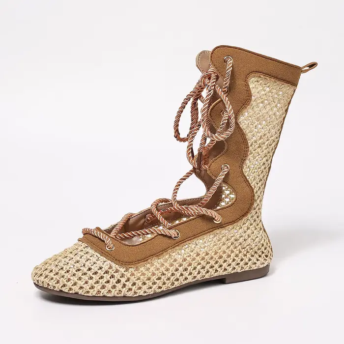 Bottes mi-mollet en maille, bottines respirantes à lacets croisés, chaussures décontractées à semell