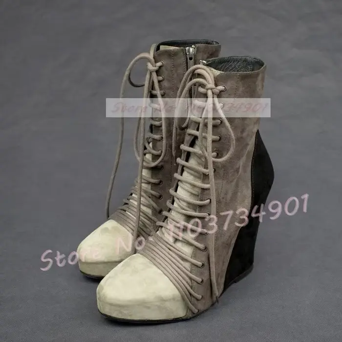 Bottes de rinçage en daim croisées style punk pour femmes avec talon compensé et fermeture à glissière pour occasions spéciales et tenues quotidiennes