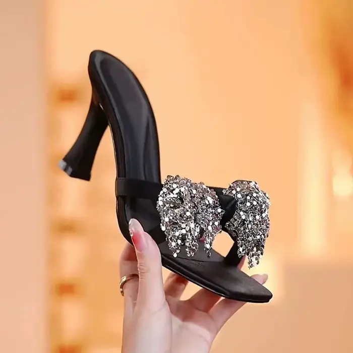 Sandales à talons hauts avec nœud scintillant pour femmes