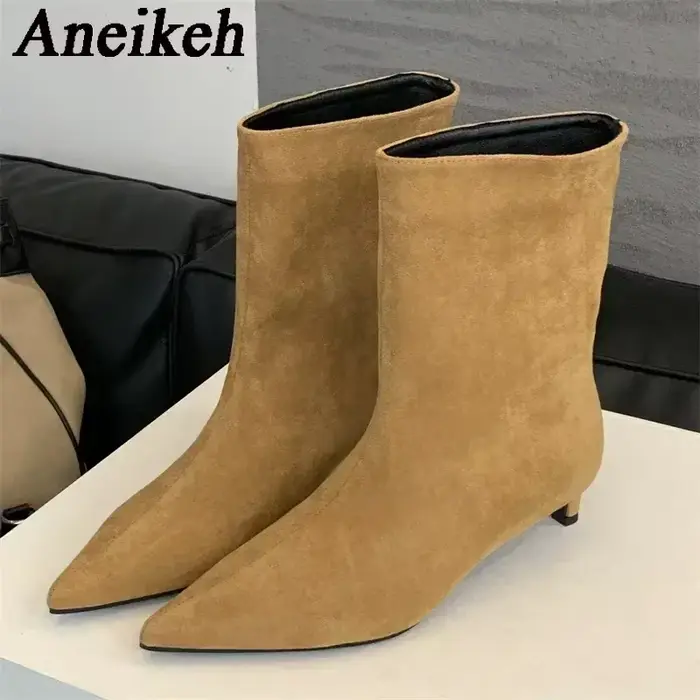 Aneikeh Sexy femmes bout pointu Vintage bottines mince talon bas chaud chevalier bottes mode sans la