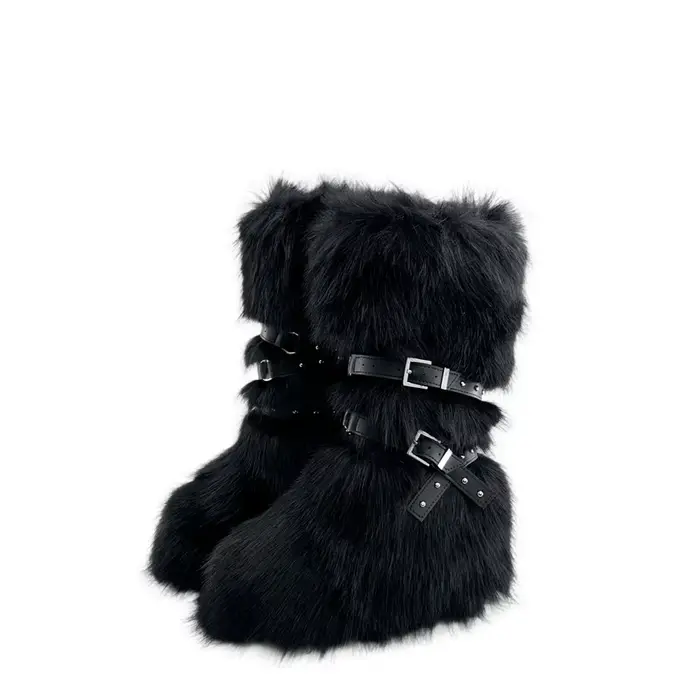 Faux fourrure genou-haute botte bout rond hauteur augmentant sauvage hiver plus chaud boucle de cein