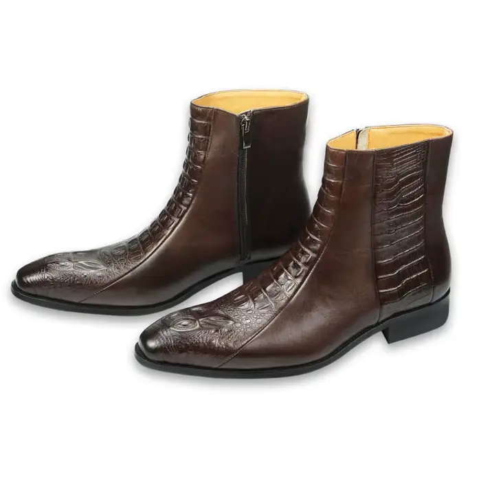 Bottes en cuir de vache véritable avec fermeture éclair gravée pour hommes