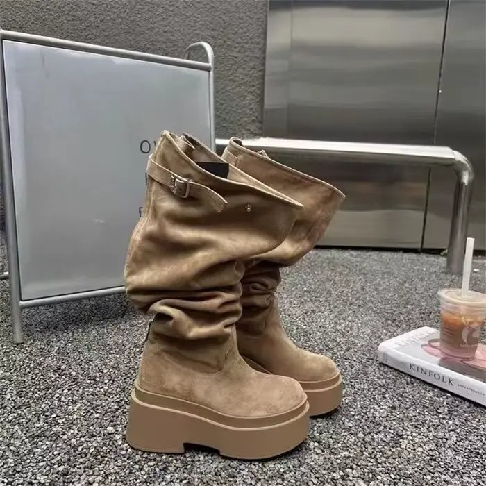 Femmes mode talons épais genou bottes hautes kaki troupeau sans lacet