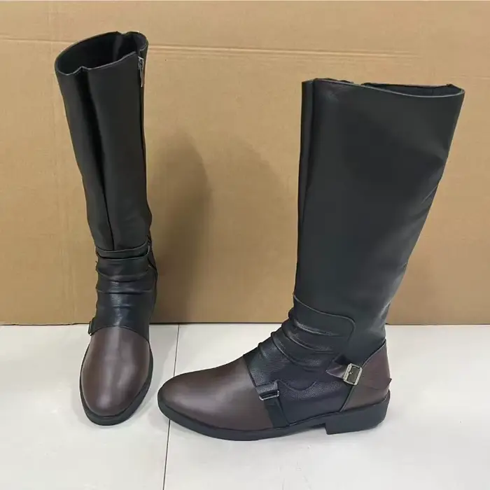Bottes pour hommes en cuir PU mi-mollet bottes rétro en plein air hommes bottes de moto plate-forme 