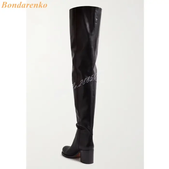 Cuissardes hautes en cuir bout rond talons hauts épais solide sans lacet bottes longues femmes chaussures Sexy