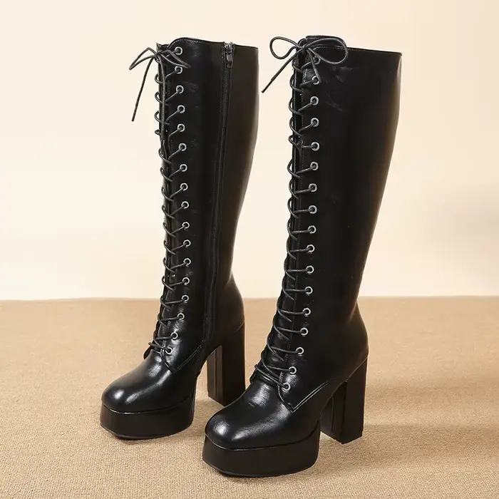 Rome plate-forme bottes hautes mode bout rond daim à lacets fermeture éclair latérale anti-dérapant talons résistants à l'usure