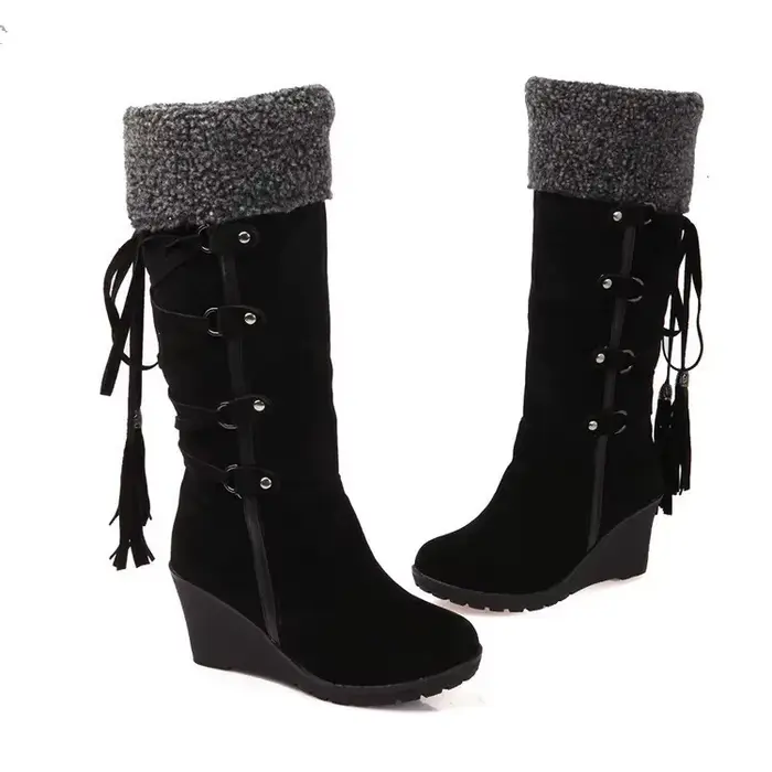 Bottines à tube haut avec pompon en dentelle au dos, pour temps enneigé, talon incliné de grande tai