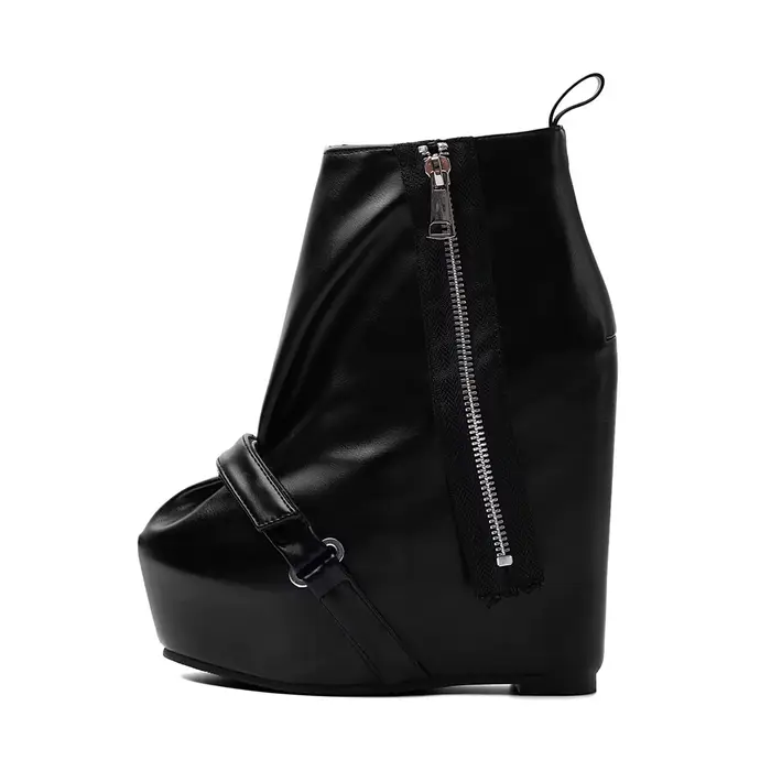 Bottines gothiques noires en cuir pour femme, à talon compensé, plateforme, fermeture éclair latéral