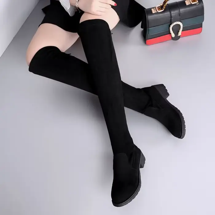 Bottes noires au-dessus du genou pour femmes, bottes hautes en faux daim élastiques avec talon carré