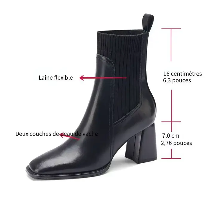 Bottes de rinçage en cuir de vachette fendu pour femmes, talon carré, doublure en laine, bottes chaussettes à enfiler, talon élevé, design mature, hiver, occassions spéciales