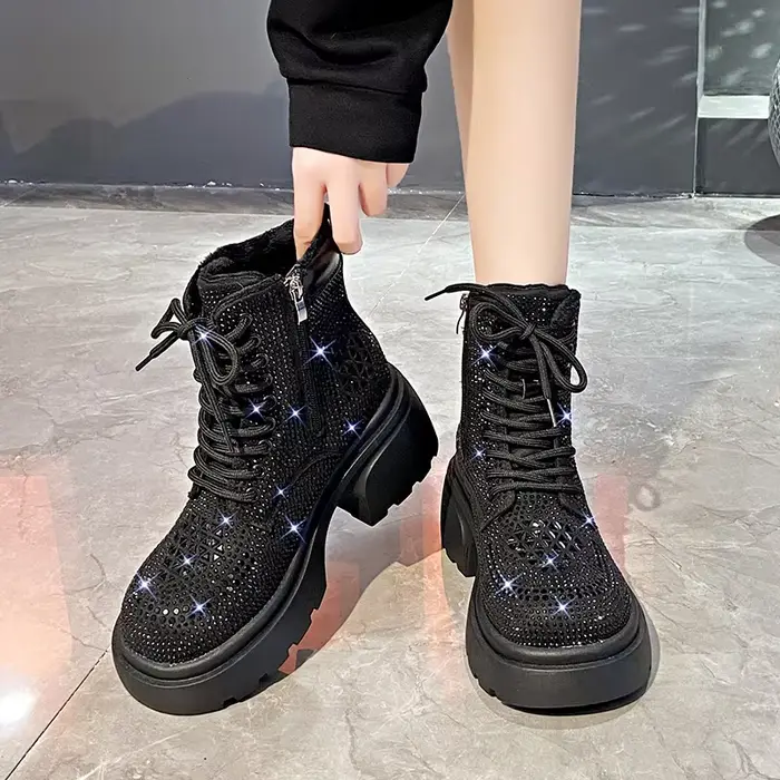 Paillettes diamant bottes courtes femmes automne hiver luxe mode haut talon épais à lacets
