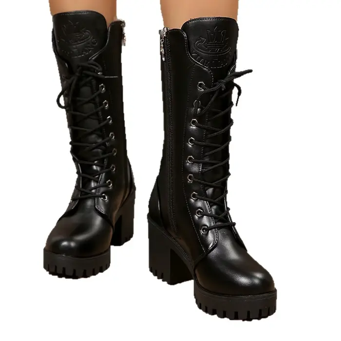Bottes élégantes à talons épais pour femmes style britannique bottes noires à lacets confortables mi-mollet avec fermeture éclair polyvalentes pour homme occassions spéciales