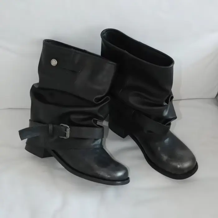 Bottes de Moto Vintage Noires Pour Femmes Style Décontracté Bout Carré Talon Carré Semelle en Caoutchouc Occasions Automne Hiver