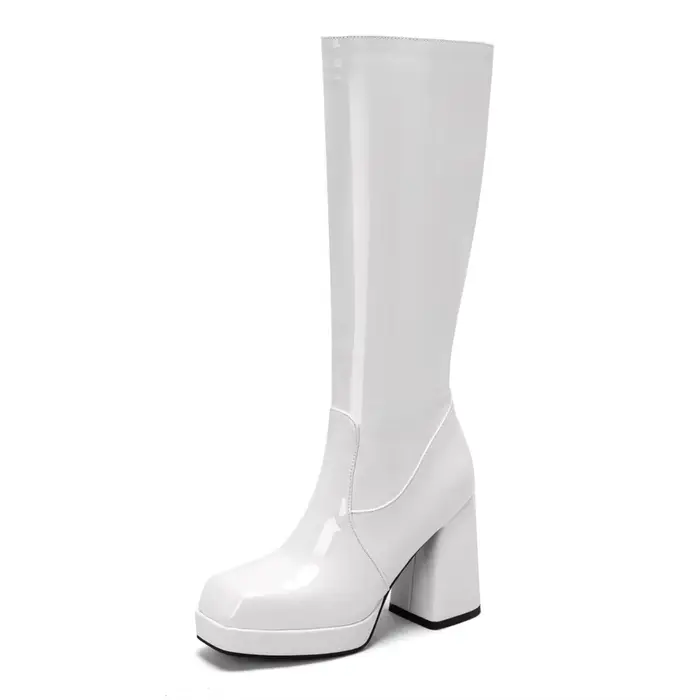 Bottes à plateforme en cuir verni pour femmes, bottes longues, Parker carré, fermeture éclair, talon