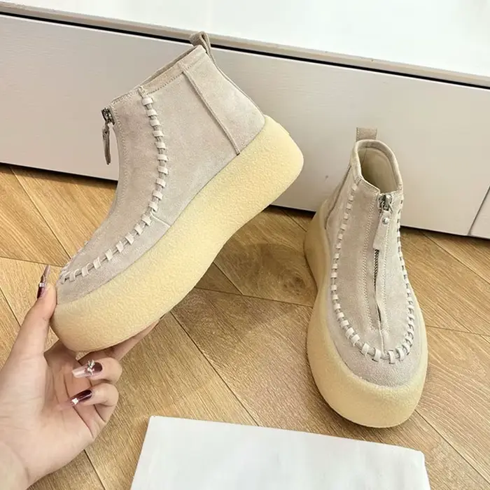 Bottes en daim de vache bout rond pour femmes, fermeture éclair avant, élégantes et confortables pour l'automne et le printemps, idéales pour toutes occasions