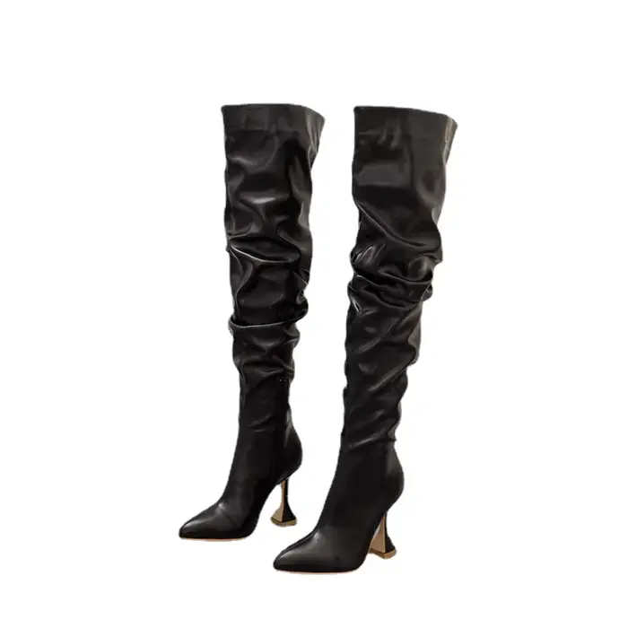 Bottes d'hiver en cuir à bout pointu et à talons blancs pour femme