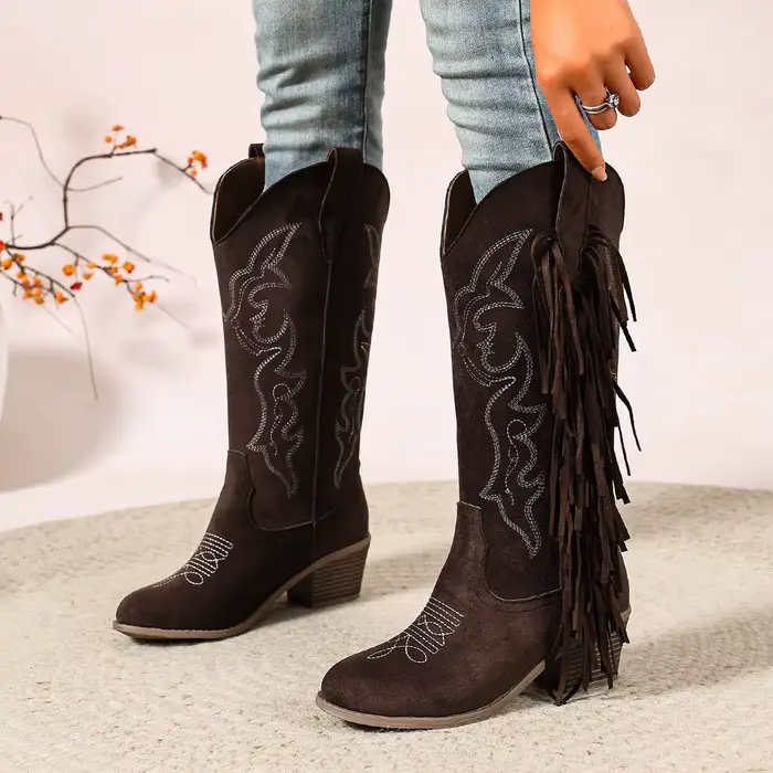 Bottes mi-mollet rétro, bottes tendance rehaussantes, bottes de cowboy western brodées à pompons hau