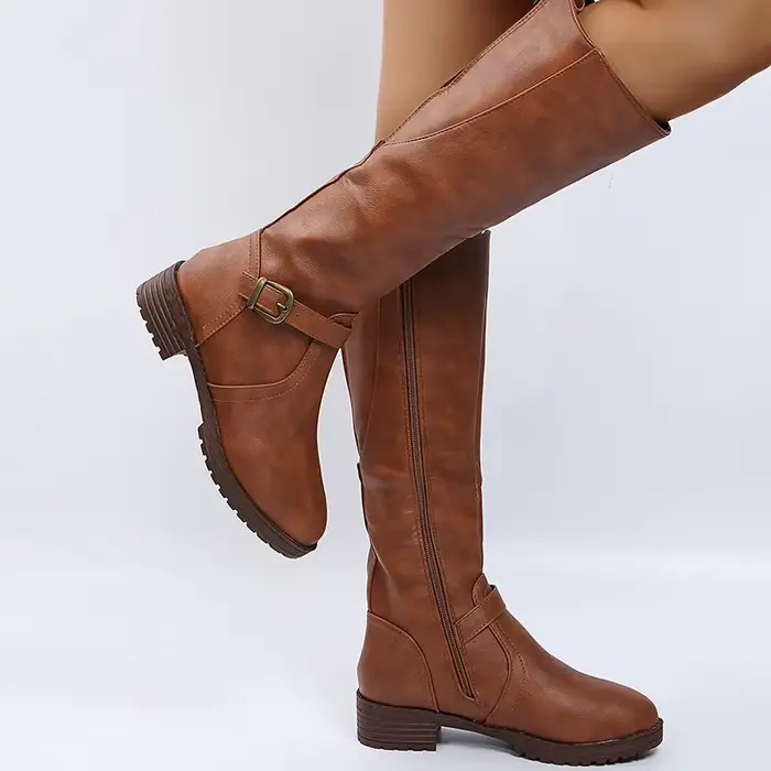 Vintage marron femmes genou bottes hautes grande taille talons bas plate-forme