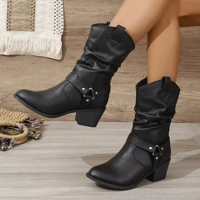 Bottes de motard confortables à bout rond et talon repliable pour femme, mi-mollet, avec boucle de c