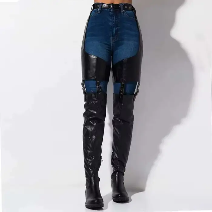 Cuissardes hautes noires à talons bas pour femmes, bottes au-dessus du genou en cuir artificiel résistantes à l'eau pour les occasions hivernales élégantes