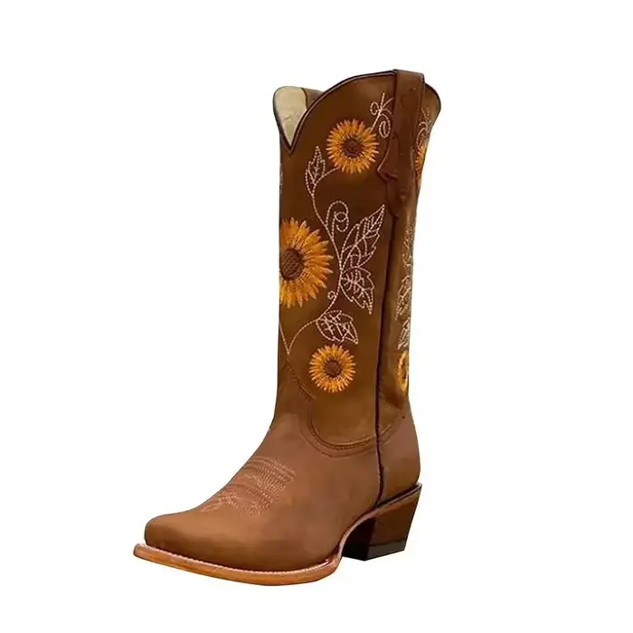 Nouvelles femmes café marron broderie bottes en cuir PU imprimé Western Cowboy bottes profonde v-bou