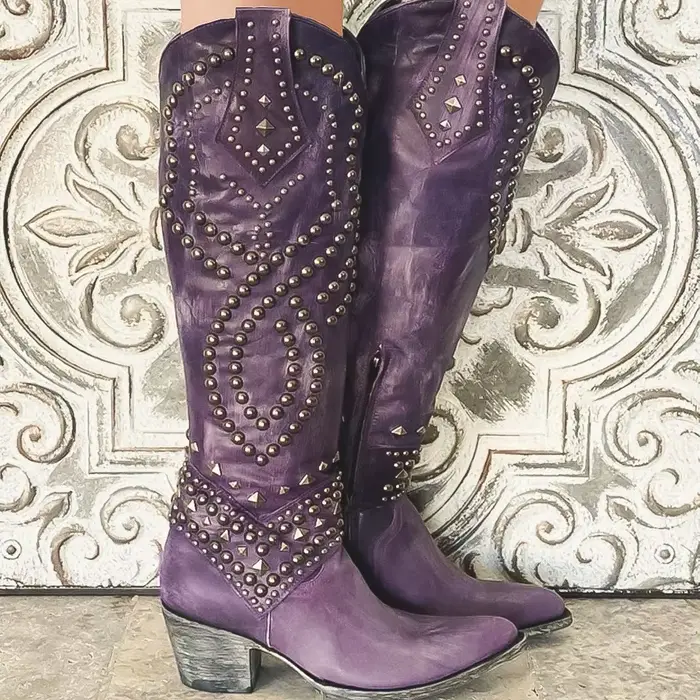Bottes à tube long pour femmes d'automne et d'hiver avec rivets au talon moyen